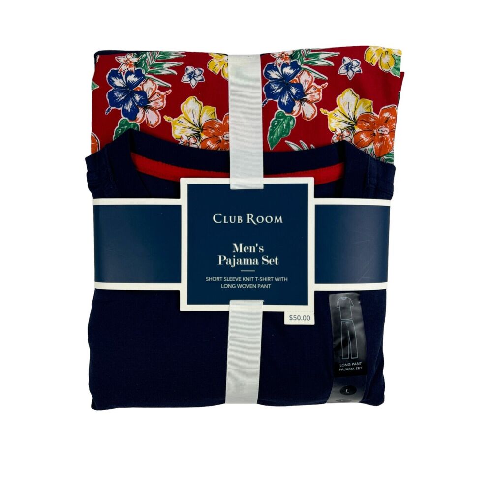 Club Room Mens Solid Top Tropical Pants 2-Piece Pajama Set Navy Blue Red L
